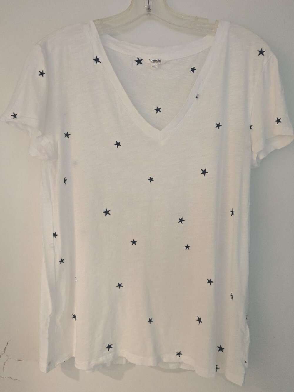 Splendid Collection White Star Embroidered V-Neck Tee Women's Large